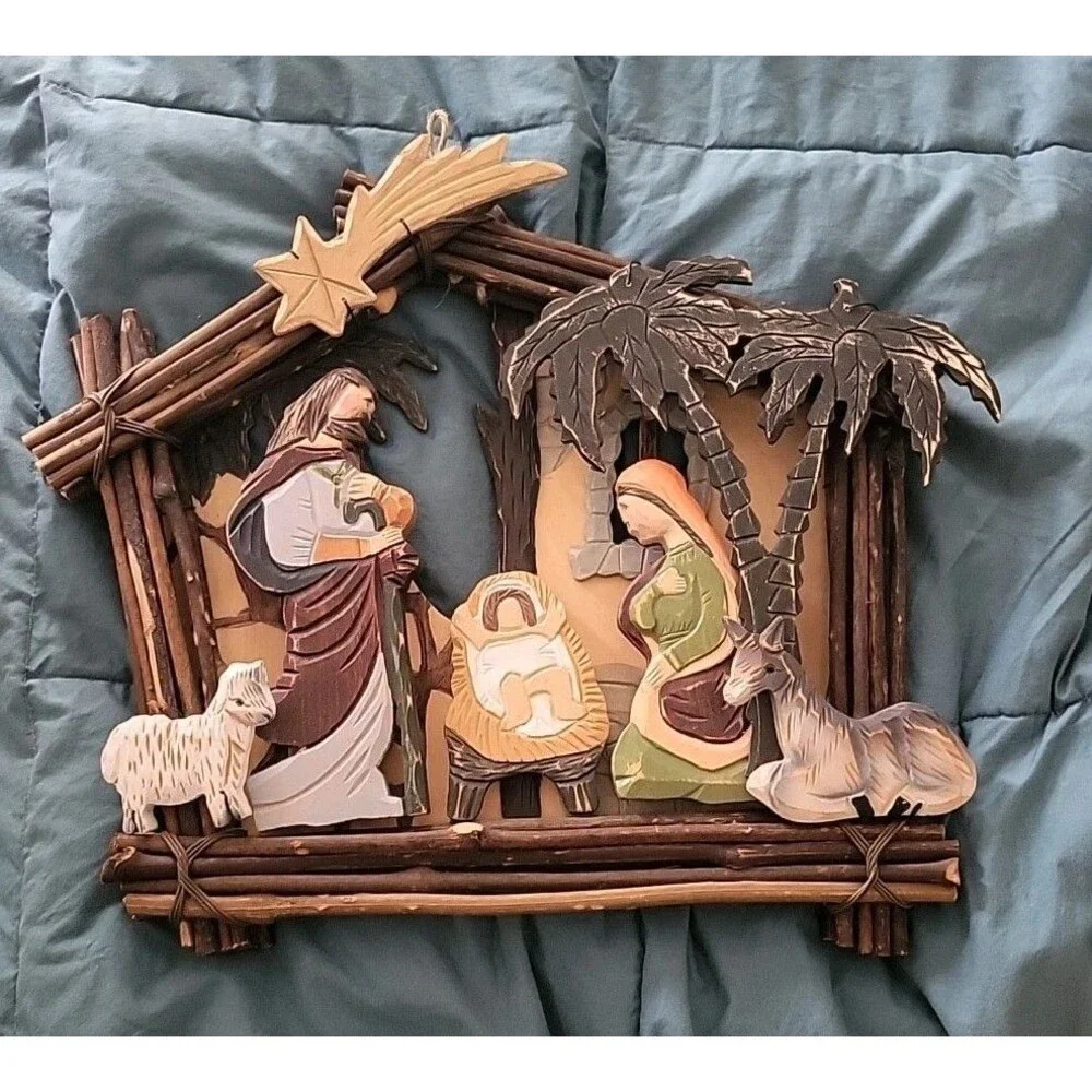 Wood Carved Christmas Nativity Hanging Hand Painted Jesus Mary Joseph Rustic 16